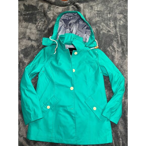 Talbots Jackets & Blazers - Talbots Women Teal Hooded Rain Jacket Waterproof Coat Button Front Size S